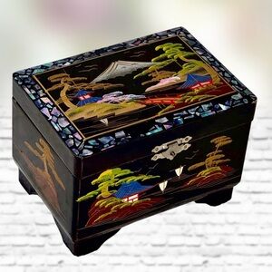 Vintage Japanese Wooden Lacquer Music Box Jewelry Abalone Inlay Trinket KK Japan